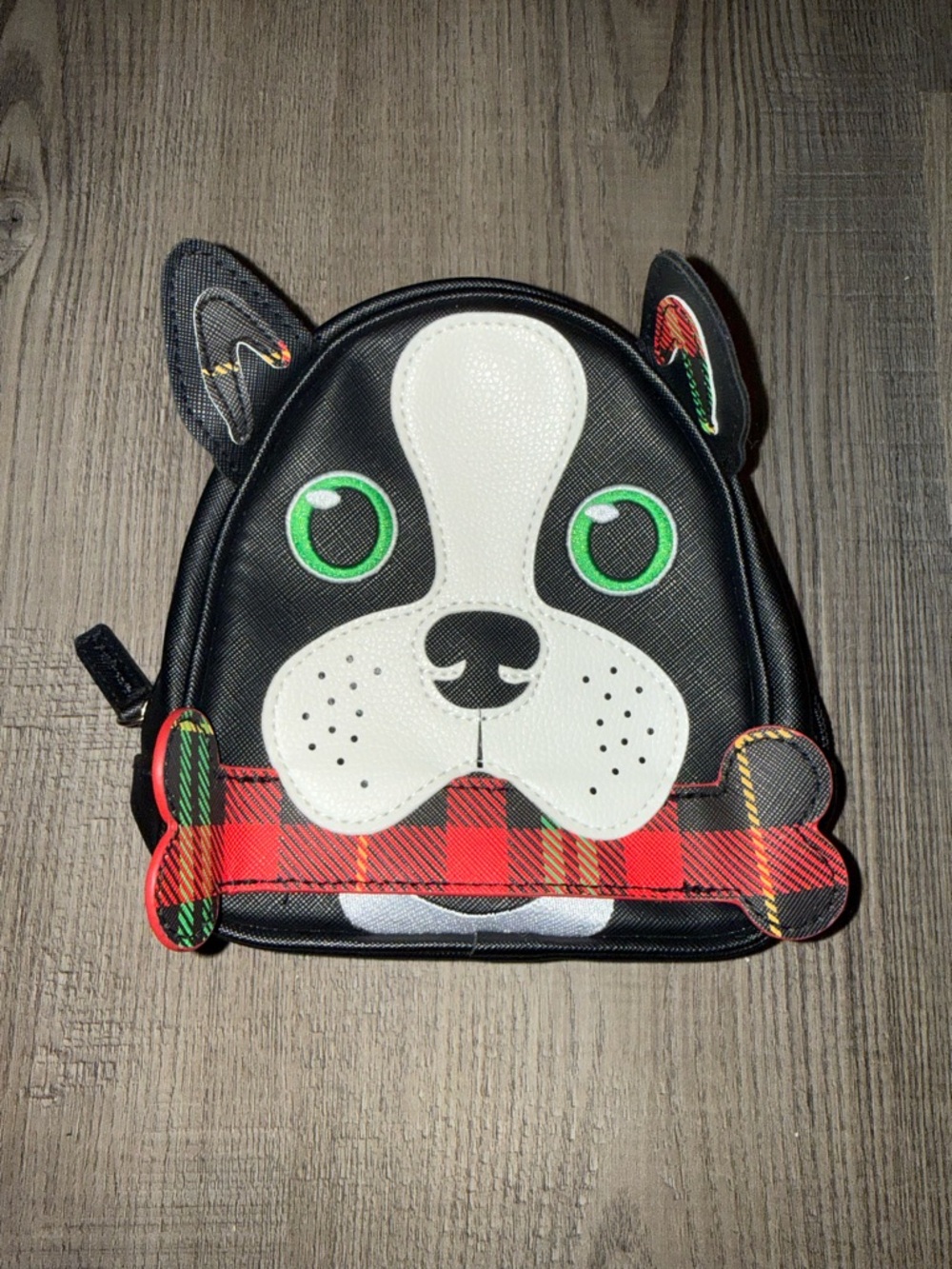 Black Dog Face Clutch Bag with Red Plaid Bone